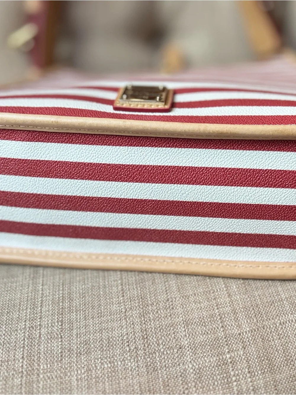 Dooney & Bourke Red and White Striped Shoulder/Messenger Bag with Tan Trim - Picture 7 of 8